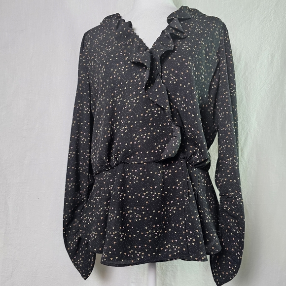 Cabi Womens Eros Blouse SZ M Wrap Multi Color Hearts Romantic Ruffles Valentines - Picture 1 of 16